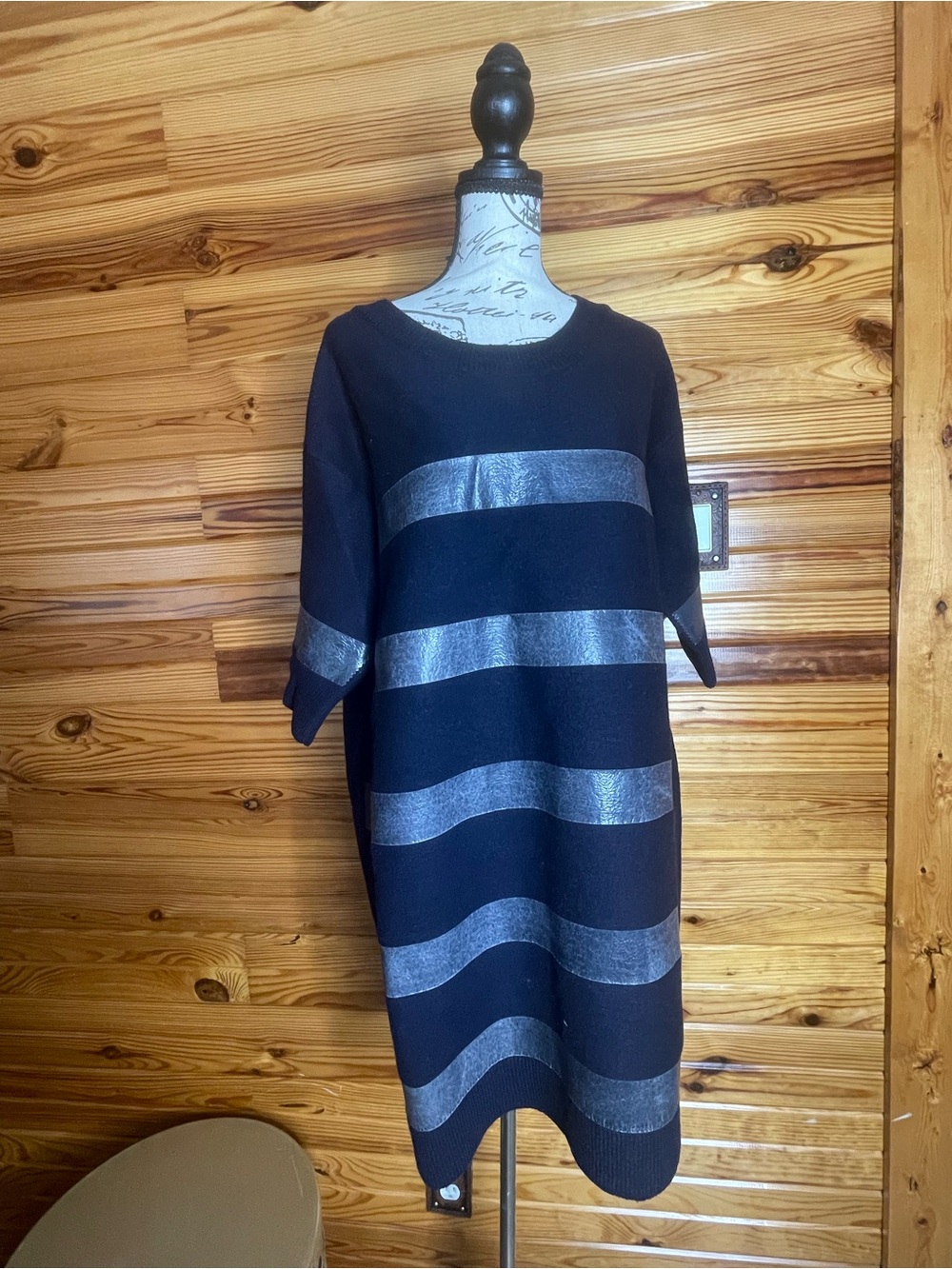 Maison Martin Margiela Black Midi Dress with Metallic Silver Stripes